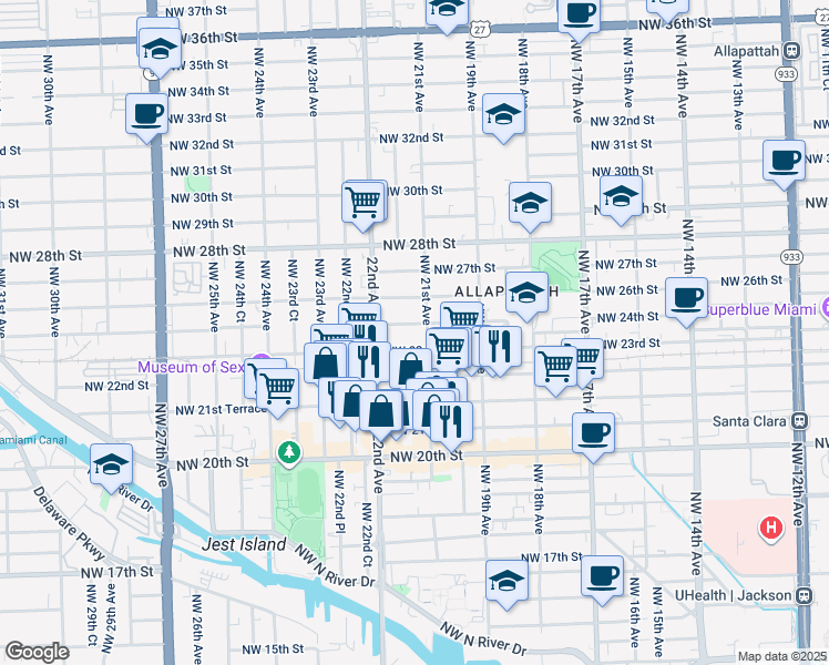 map of restaurants, bars, coffee shops, grocery stores, and more near 2153 Northwest 23rd Street in Miami