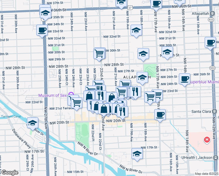 map of restaurants, bars, coffee shops, grocery stores, and more near 2153 Northwest 23rd Street in Miami