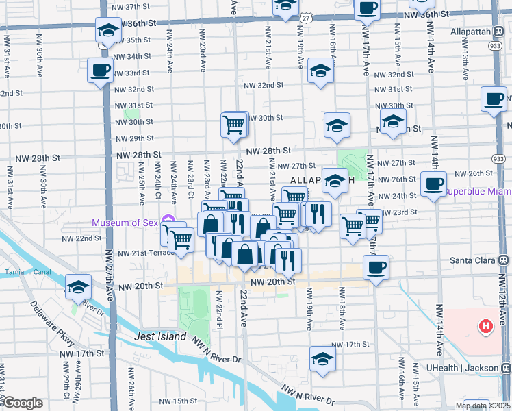map of restaurants, bars, coffee shops, grocery stores, and more near 2153 Northwest 23rd Street in Miami