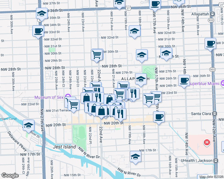 map of restaurants, bars, coffee shops, grocery stores, and more near 2153 Northwest 23rd Street in Miami