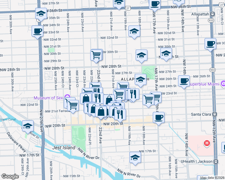 map of restaurants, bars, coffee shops, grocery stores, and more near 2153 Northwest 23rd Street in Miami