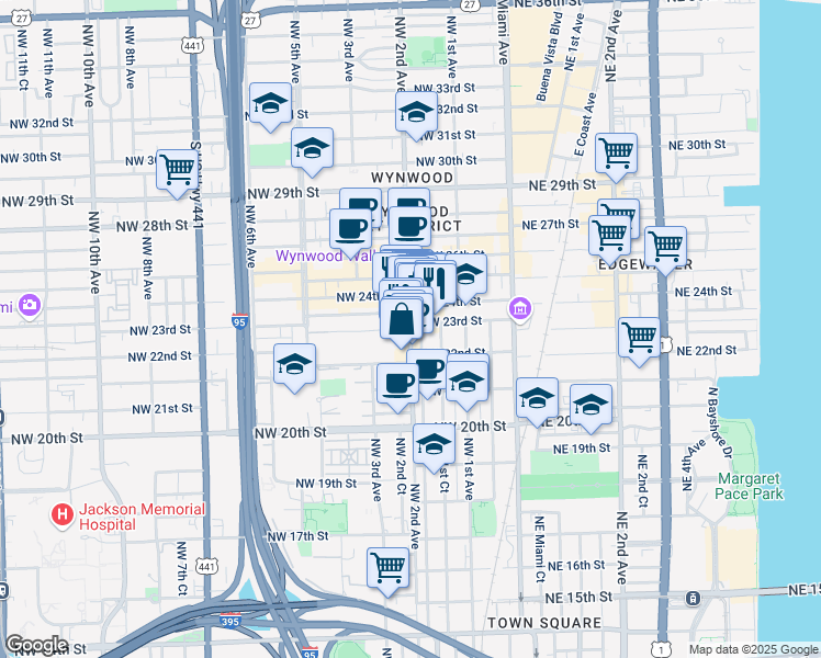 map of restaurants, bars, coffee shops, grocery stores, and more near 2250 Northwest 2nd Avenue in Miami