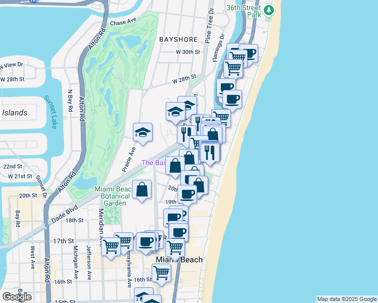 map of restaurants, bars, coffee shops, grocery stores, and more near 201 23rd Street in Miami Beach