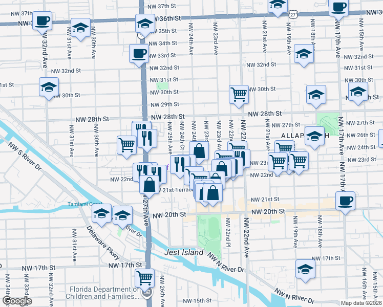 map of restaurants, bars, coffee shops, grocery stores, and more near 2435 Northwest 23rd Street in Miami