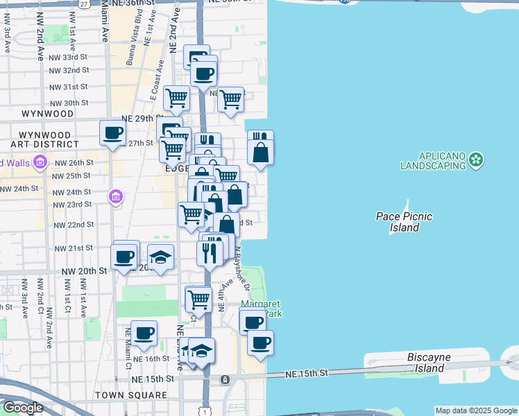 map of restaurants, bars, coffee shops, grocery stores, and more near 725 Northeast 22nd Street in Miami