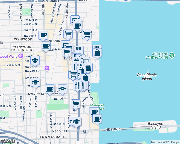 map of restaurants, bars, coffee shops, grocery stores, and more near 559 Northeast 22nd Street in Miami