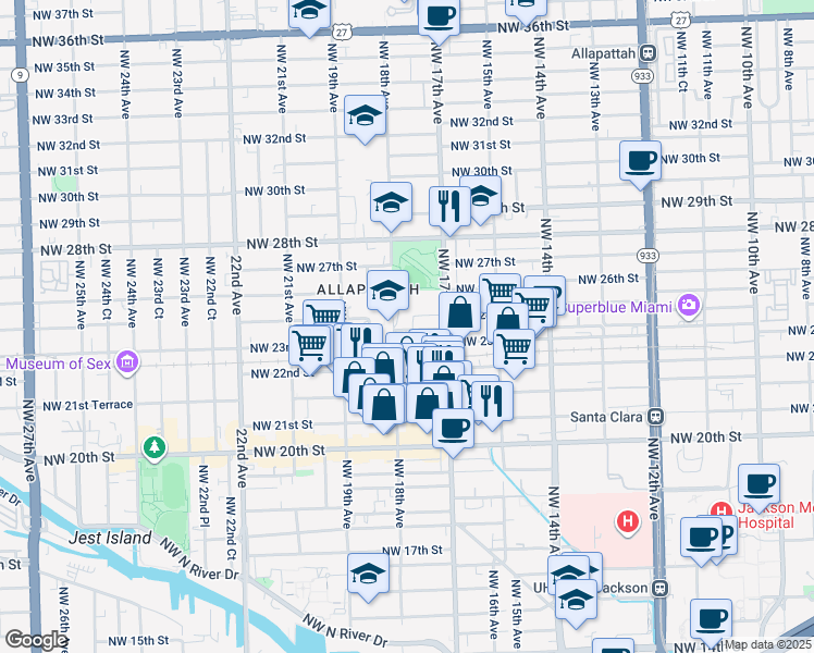 map of restaurants, bars, coffee shops, grocery stores, and more near 1749 Northwest 23rd Street in Miami