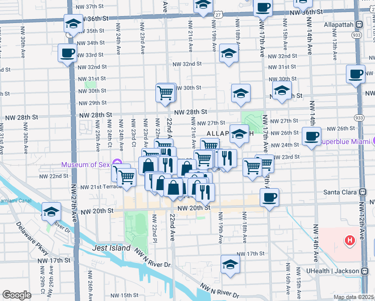 map of restaurants, bars, coffee shops, grocery stores, and more near 2153 Northwest 23rd Street in Miami