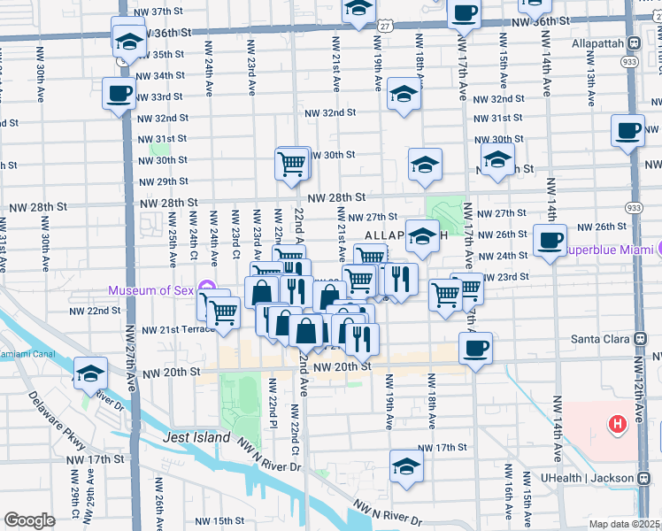 map of restaurants, bars, coffee shops, grocery stores, and more near 2153 Northwest 23rd Street in Miami