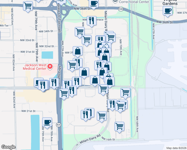 map of restaurants, bars, coffee shops, grocery stores, and more near 2557 Northwest 74th Avenue in Miami