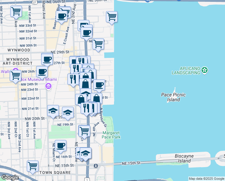 map of restaurants, bars, coffee shops, grocery stores, and more near 725 Northeast 22nd Street in Miami