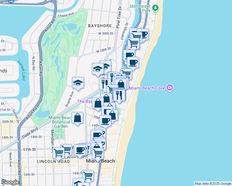 map of restaurants, bars, coffee shops, grocery stores, and more near in Miami Beach