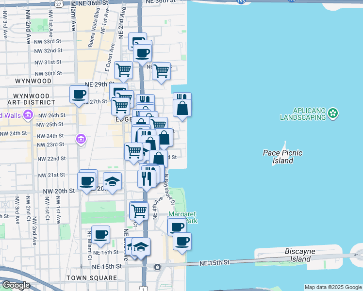 map of restaurants, bars, coffee shops, grocery stores, and more near 725 Northeast 22nd Street in Miami
