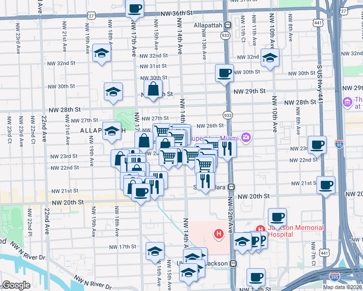 map of restaurants, bars, coffee shops, grocery stores, and more near 1408 Northwest 23rd Street in Miami