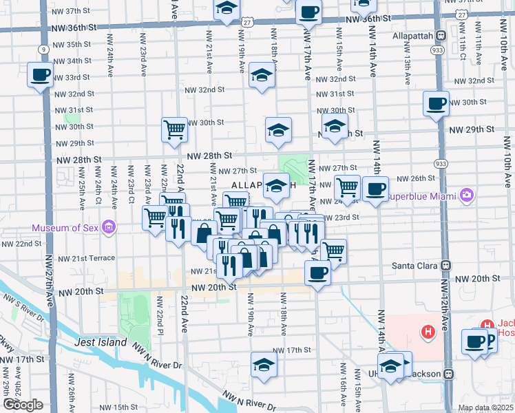 map of restaurants, bars, coffee shops, grocery stores, and more near 2303 Northwest 19th Avenue in Miami