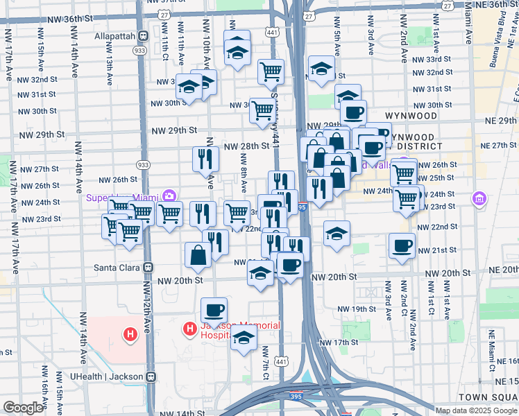 map of restaurants, bars, coffee shops, grocery stores, and more near 2200 Northwest 7th Avenue in Miami