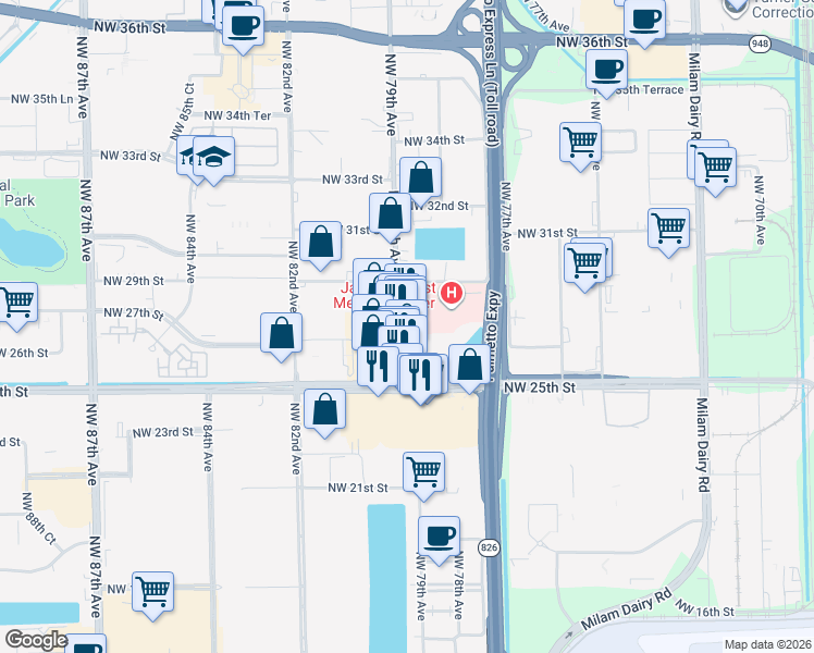 map of restaurants, bars, coffee shops, grocery stores, and more near 2653 Northwest 79th Avenue in Miami