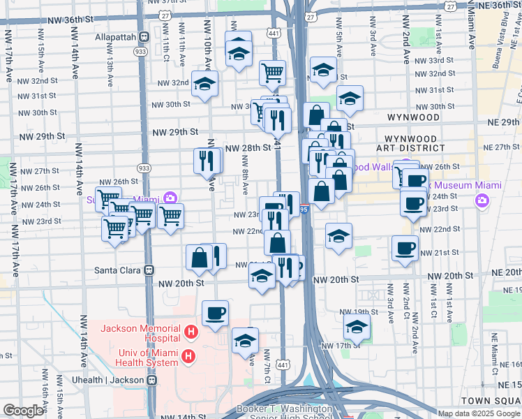 map of restaurants, bars, coffee shops, grocery stores, and more near 2200 Northwest 7th Avenue in Miami