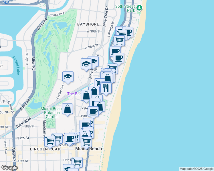 map of restaurants, bars, coffee shops, grocery stores, and more near 2301 Collins Avenue in Miami Beach