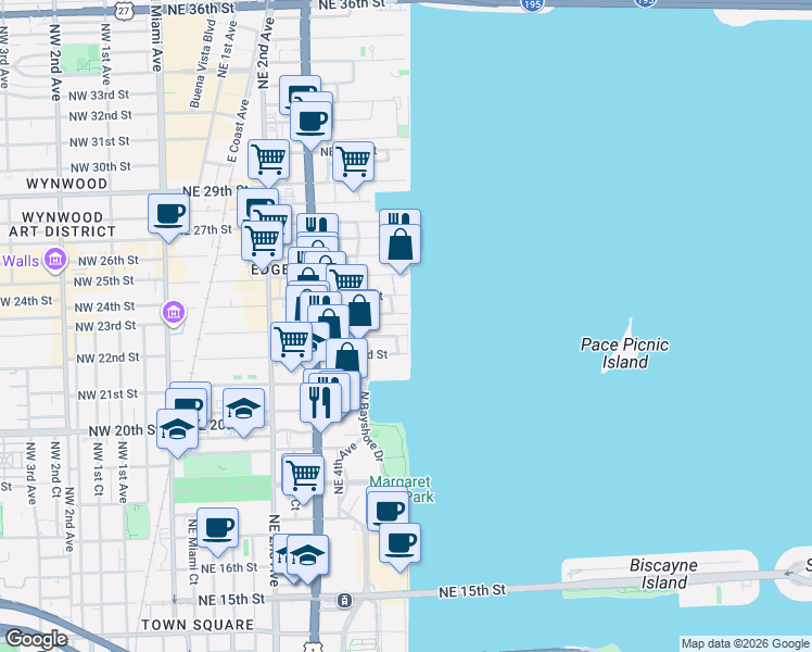 map of restaurants, bars, coffee shops, grocery stores, and more near 725 Northeast 22nd Street in Miami