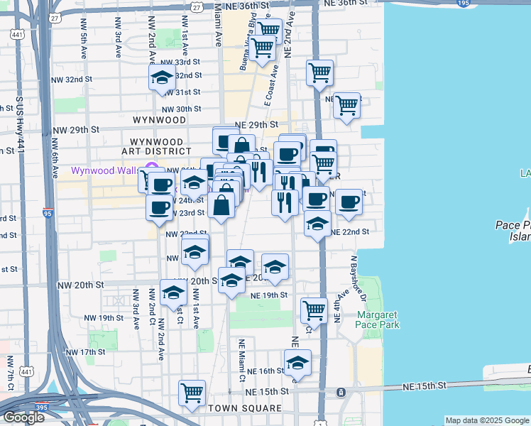 map of restaurants, bars, coffee shops, grocery stores, and more near 100 Northeast 23rd Street in Miami