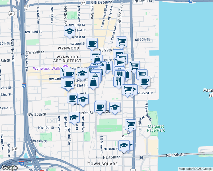 map of restaurants, bars, coffee shops, grocery stores, and more near 100 Northeast 23rd Street in Miami