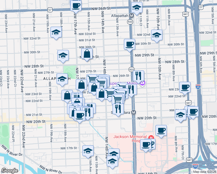 map of restaurants, bars, coffee shops, grocery stores, and more near 1360 Northwest 23rd Street in Miami