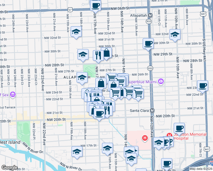 map of restaurants, bars, coffee shops, grocery stores, and more near 1495 Northwest 23rd Street in Miami
