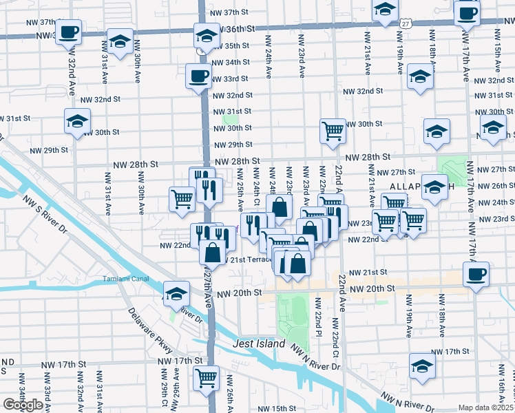 map of restaurants, bars, coffee shops, grocery stores, and more near 2435 Northwest 23rd Street in Miami