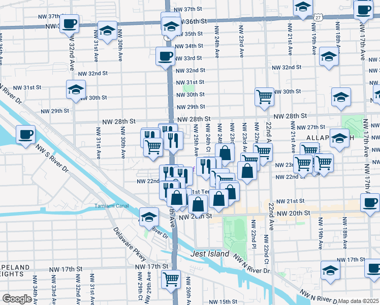 map of restaurants, bars, coffee shops, grocery stores, and more near 2308 Northwest 25th Avenue in Miami