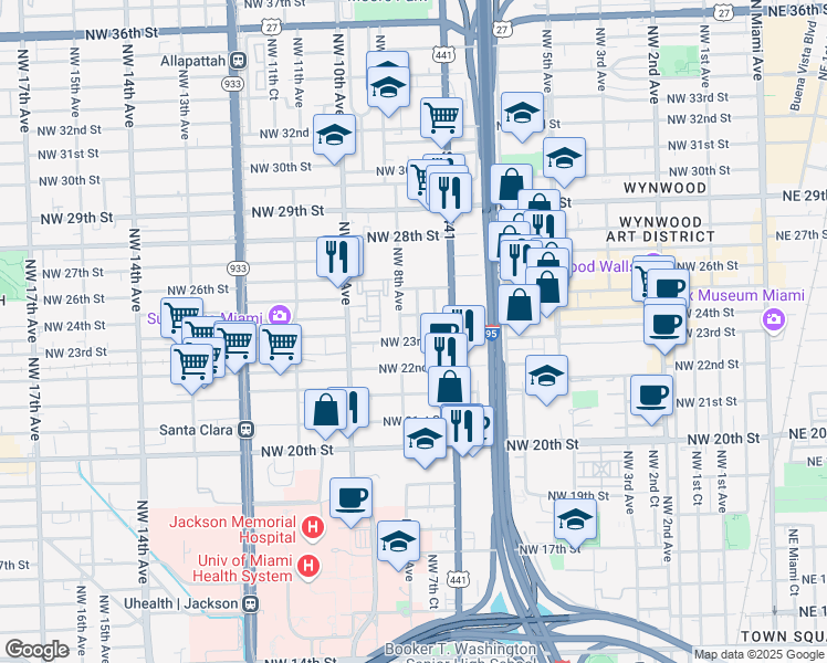 map of restaurants, bars, coffee shops, grocery stores, and more near 2200 Northwest 7th Avenue in Miami