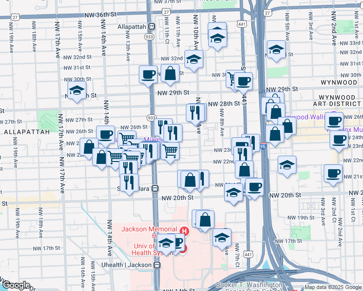 map of restaurants, bars, coffee shops, grocery stores, and more near 1090 Northwest 23rd Street in Miami