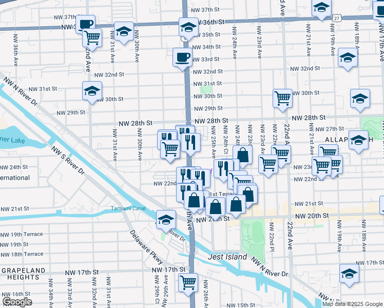map of restaurants, bars, coffee shops, grocery stores, and more near 2325 Northwest 27th Avenue in Miami