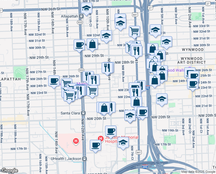 map of restaurants, bars, coffee shops, grocery stores, and more near 2401 Northwest 10th Avenue in Miami