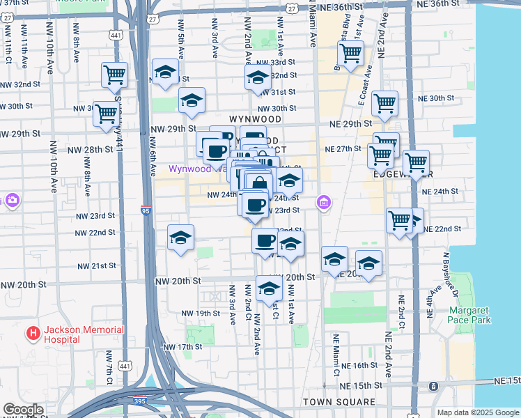 map of restaurants, bars, coffee shops, grocery stores, and more near 2405 Northwest 2nd Avenue in Miami