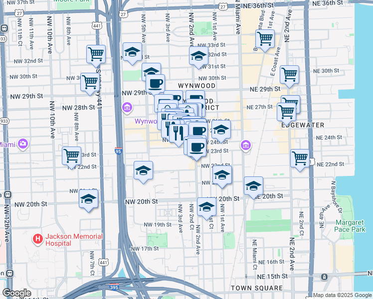 map of restaurants, bars, coffee shops, grocery stores, and more near 308 Northwest 24th Street in Miami