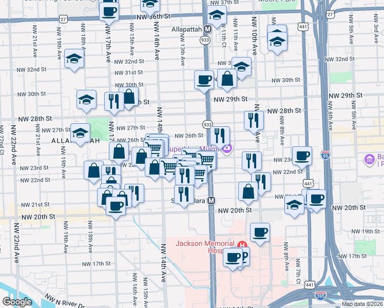 map of restaurants, bars, coffee shops, grocery stores, and more near 1295 Northwest 25th Street in Miami