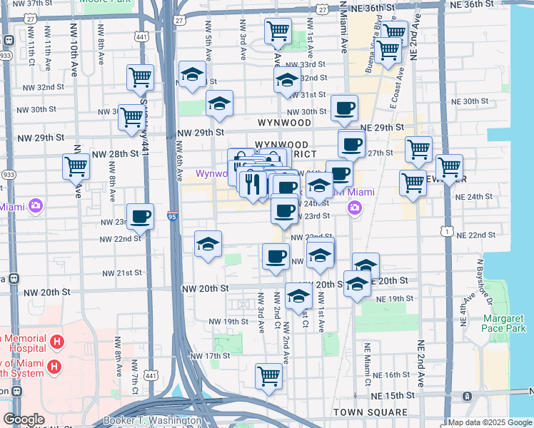 map of restaurants, bars, coffee shops, grocery stores, and more near 308 Northwest 24th Street in Miami