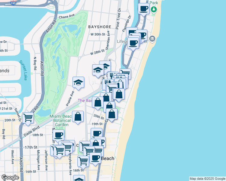map of restaurants, bars, coffee shops, grocery stores, and more near 2340 Collins Avenue in Miami Beach