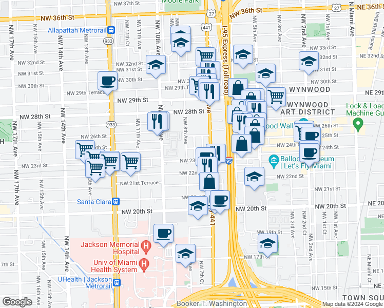 map of restaurants, bars, coffee shops, grocery stores, and more near 2400 Northwest 7th Court in Miami