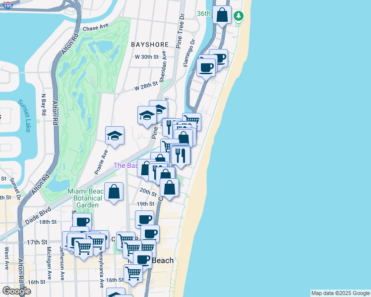 map of restaurants, bars, coffee shops, grocery stores, and more near 2-198 24th Street in Miami Beach