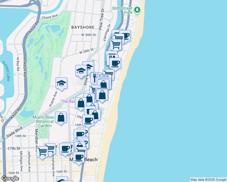 map of restaurants, bars, coffee shops, grocery stores, and more near 1000 Miami Beach Drive in Miami Beach
