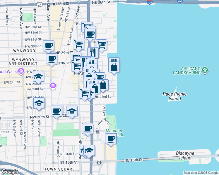 map of restaurants, bars, coffee shops, grocery stores, and more near 2336-2342 Northeast 6th Avenue in Miami