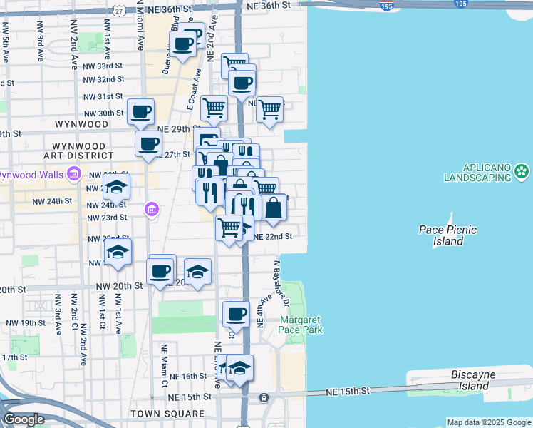map of restaurants, bars, coffee shops, grocery stores, and more near 350 Northeast 24th Street in Miami