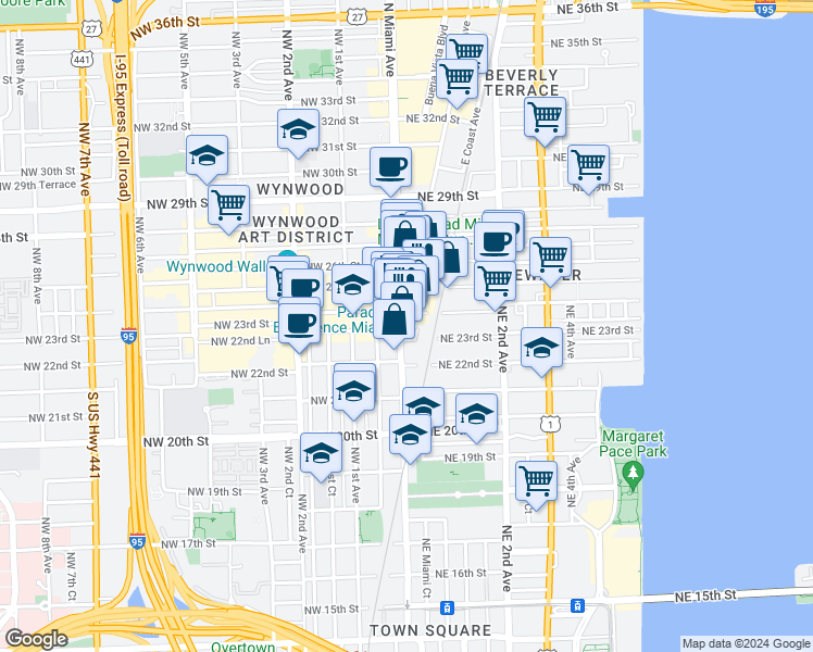 map of restaurants, bars, coffee shops, grocery stores, and more near 2405 North Miami Avenue in Miami