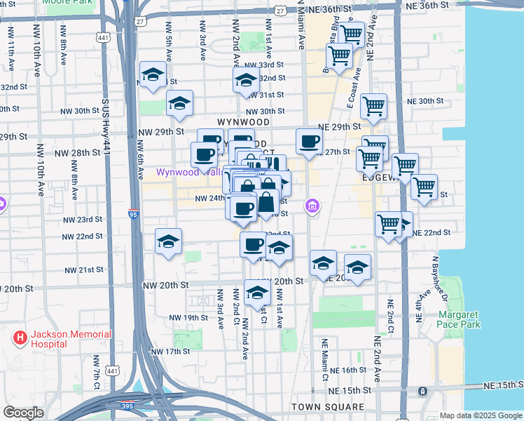 map of restaurants, bars, coffee shops, grocery stores, and more near 119 Northwest 24th Street in Miami