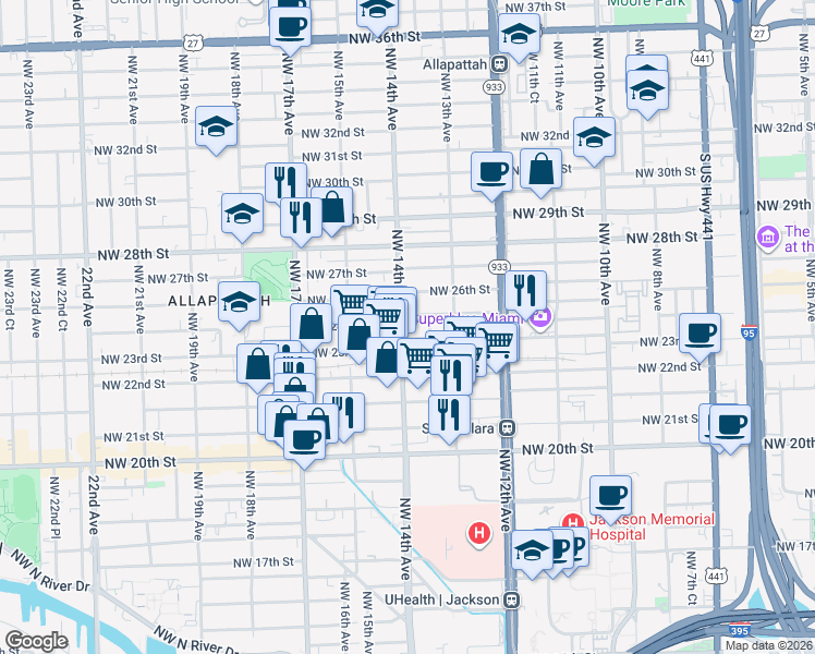 map of restaurants, bars, coffee shops, grocery stores, and more near 1371 Northwest 25th Street in Miami