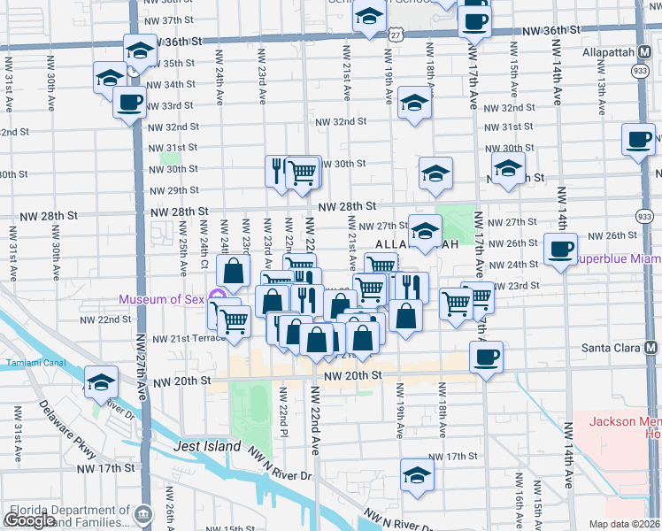 map of restaurants, bars, coffee shops, grocery stores, and more near 2146 Northwest 26th Street in Miami
