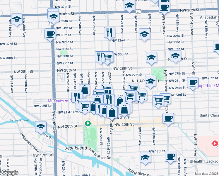map of restaurants, bars, coffee shops, grocery stores, and more near 2210 Northwest 26th Street in Miami