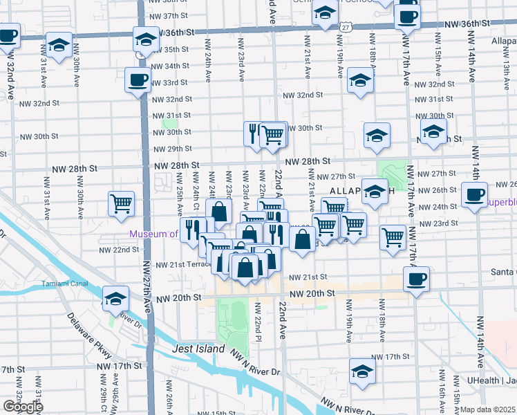 map of restaurants, bars, coffee shops, grocery stores, and more near 2290 Northwest 26th Street in Miami